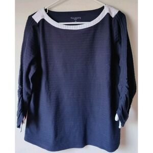 Talbots Women's Petite 3/4 Ruched Sleeve‎ Textured Navy Blue/White Trim Size MP